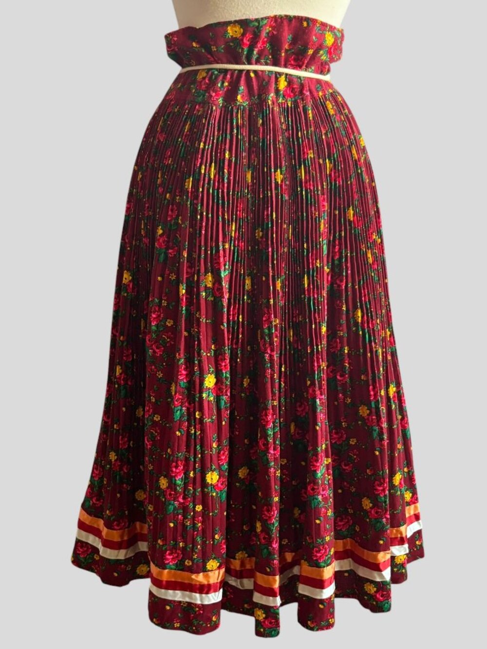 Vintage Hungarian Matyo Burgundy Floral Folk Skirt